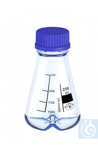 Erlenmeyer with GL 45, bottom with baffles, 250 ml, Ø 85, H 150 mm, complete with blue screw cap...